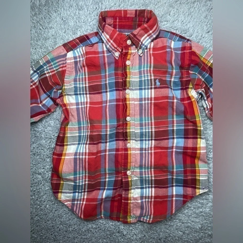 Ralph Lauren Shirt Boys 4 Madras Plaid Long Sleeve Button Down Casual Blue Pony